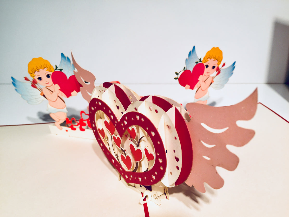 Giant Pop Up Heart with Cupids 3D POP UP GREETING CARD - Created by Origami Pop Cards Australian Design & Handmade 3D Pop Up Magical Paper Cards, Handmade Pop Up Cards Happy Valentine's Day Celebrate Love Heart Fell and Romantic