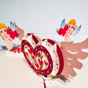 Giant Pop Up Heart with Cupids 3D POP UP GREETING CARD - Created by Origami Pop Cards Australian Design & Handmade 3D Pop Up Magical Paper Cards, Handmade Pop Up Cards Happy Valentine's Day Celebrate Love Heart Fell and Romantic