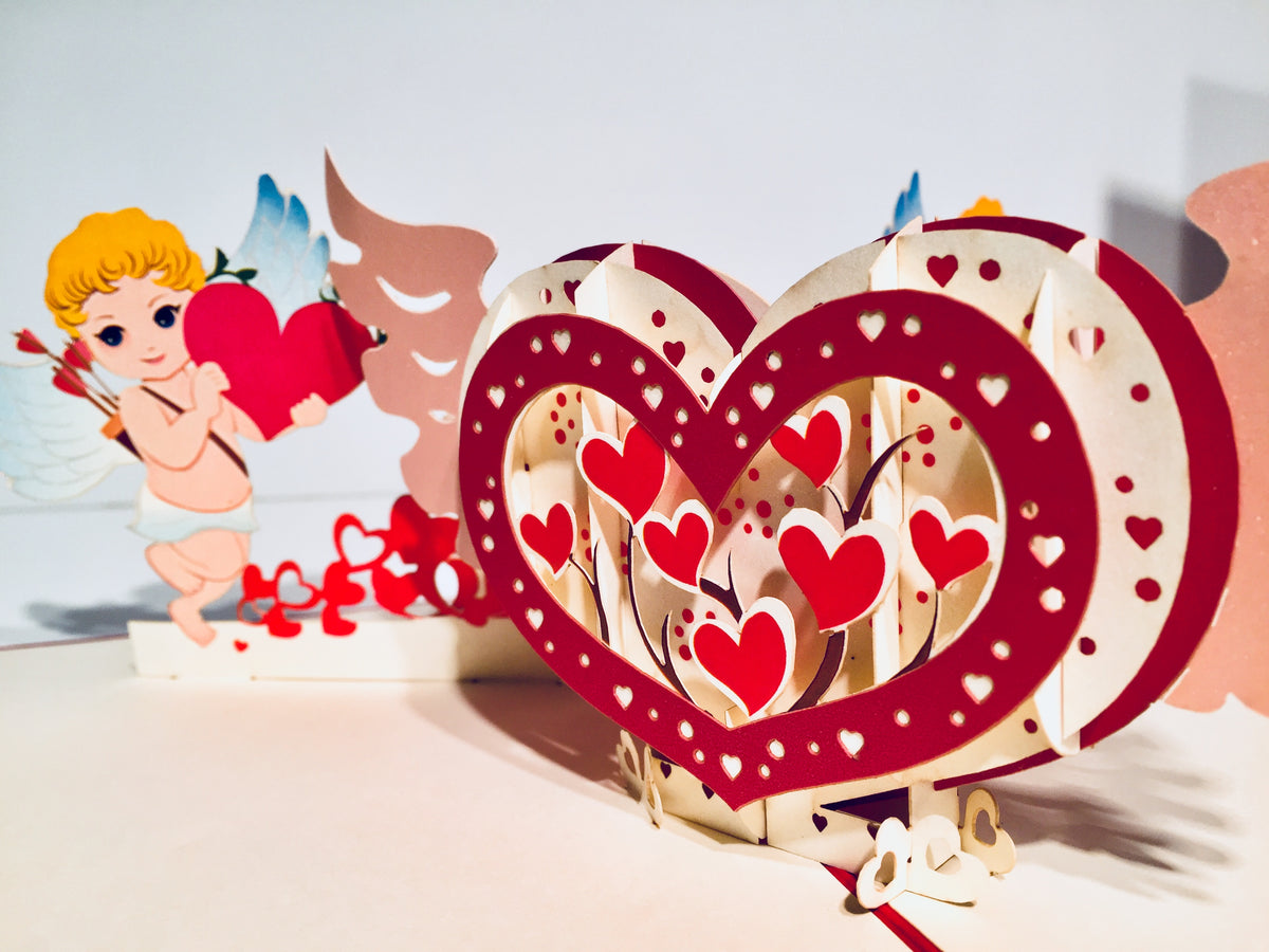 Giant Pop Up Heart with Cupids 3D POP UP GREETING CARD - Created by Origami Pop Cards Australian Design & Handmade 3D Pop Up Magical Paper Cards, Handmade Pop Up Cards Happy Valentine's Day Celebrate Love Heart Fell and Romantic