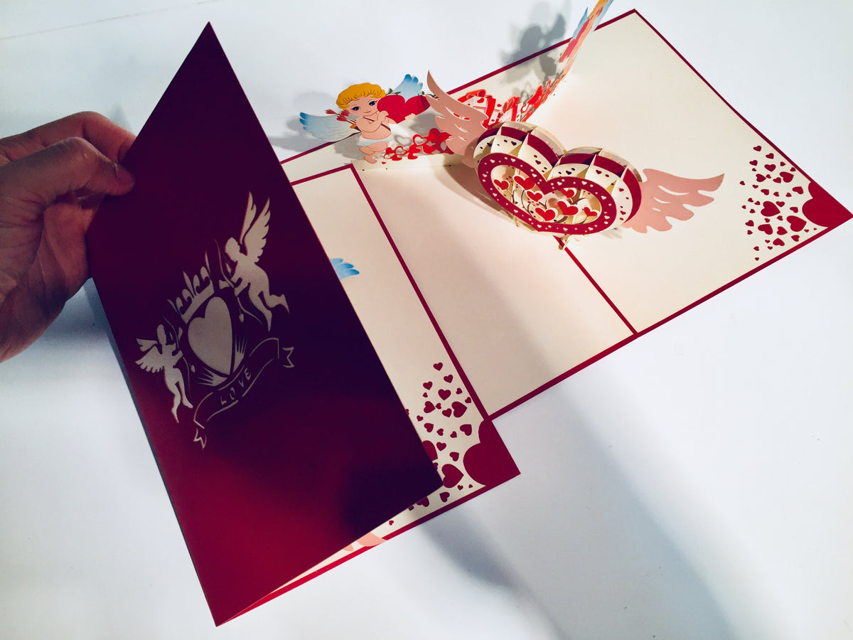 Giant Pop Up Heart with Cupids 3D POP UP GREETING CARD - Created by Origami Pop Cards Australian Design & Handmade 3D Pop Up Magical Paper Cards, Handmade Pop Up Cards Happy Valentine's Day Celebrate Love Heart Fell and Romantic