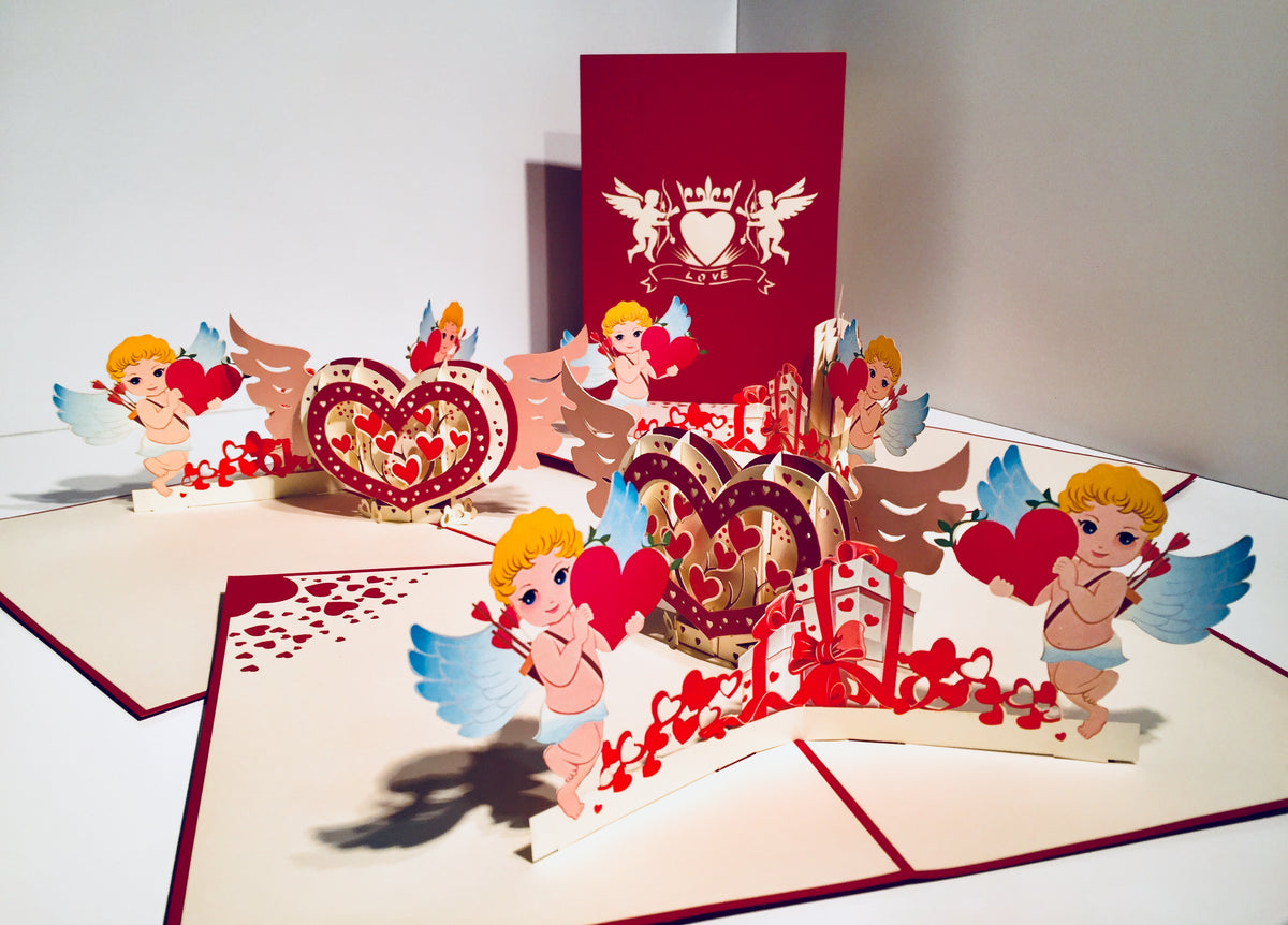 Giant Pop Up Heart with Cupids 3D POP UP GREETING CARD - Created by Origami Pop Cards Australian Design & Handmade 3D Pop Up Magical Paper Cards, Handmade Pop Up Cards Happy Valentine's Day Celebrate Love Heart Fell and Romantic