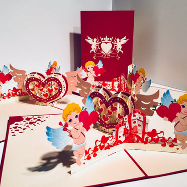 Giant Pop Up Heart with Cupids 3D POP UP GREETING CARD - Created by Origami Pop Cards Australian Design & Handmade 3D Pop Up Magical Paper Cards, Handmade Pop Up Cards Happy Valentine's Day Celebrate Love Heart Fell and Romantic