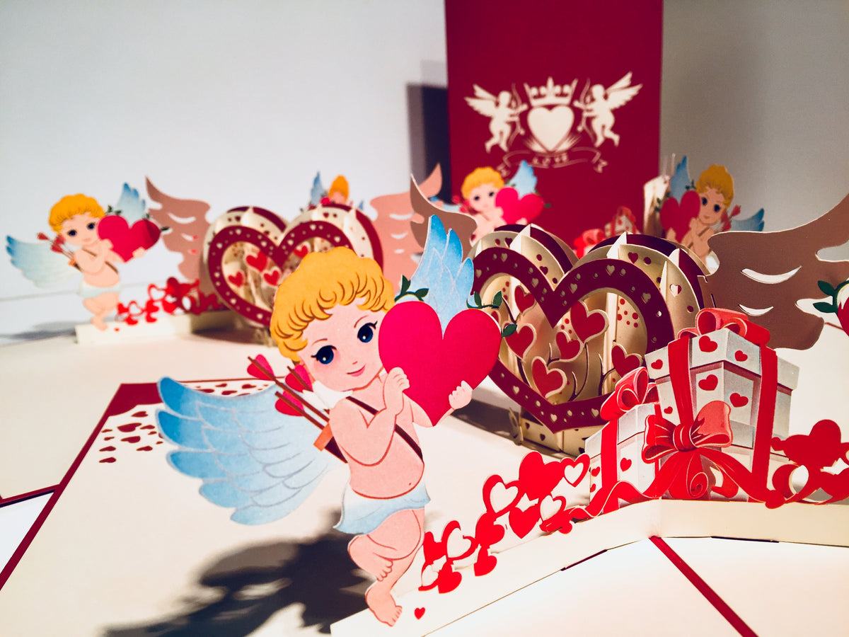 Giant Pop Up Heart with Cupids 3D POP UP GREETING CARD - Created by Origami Pop Cards Australian Design & Handmade 3D Pop Up Magical Paper Cards, Handmade Pop Up Cards Happy Valentine's Day Celebrate Love Heart Fell and Romantic