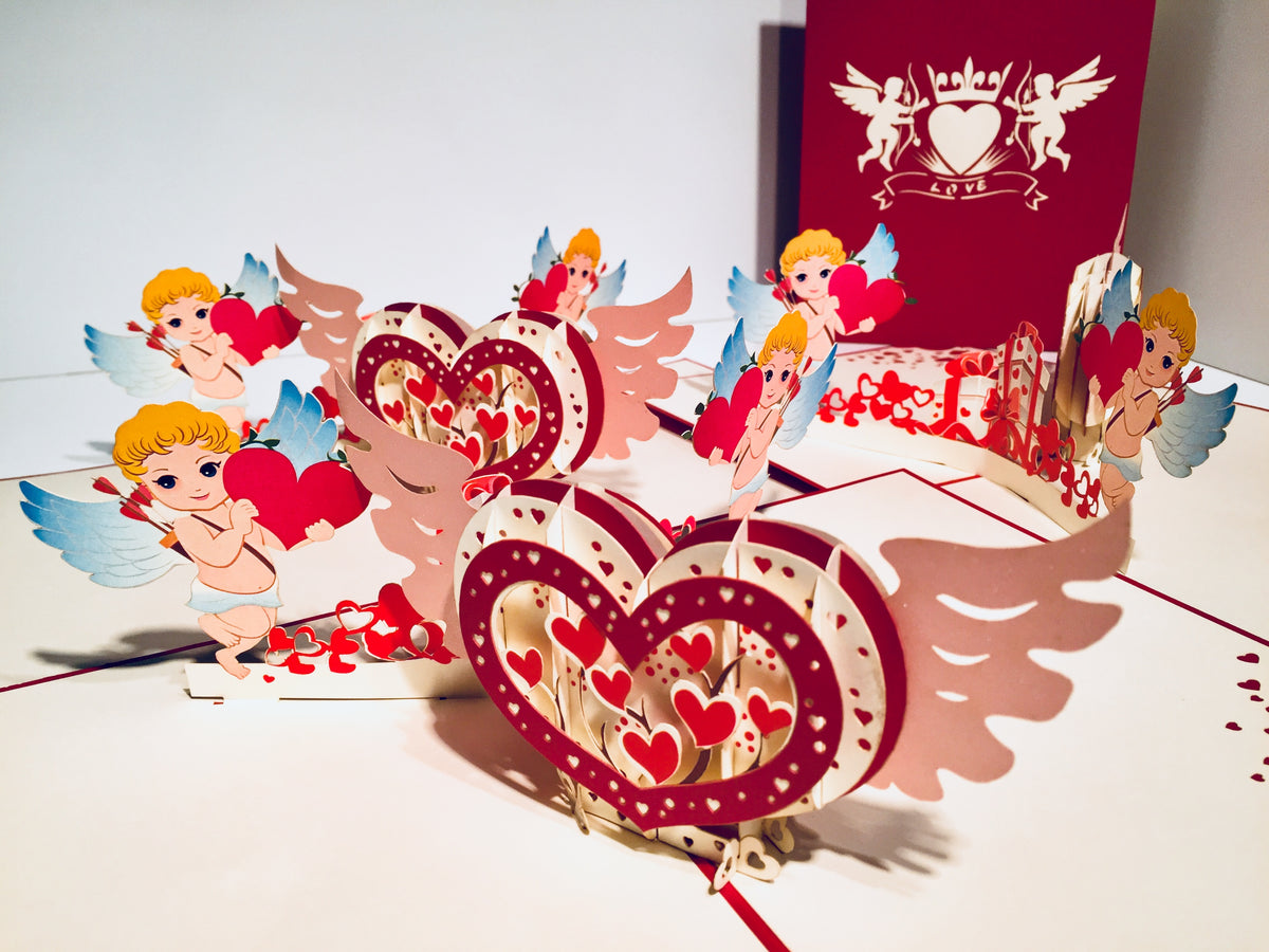 Giant Pop Up Heart with Cupids 3D POP UP GREETING CARD - Created by Origami Pop Cards Australian Design & Handmade 3D Pop Up Magical Paper Cards, Handmade Pop Up Cards Happy Valentine's Day Celebrate Love Heart Fell and Romantic