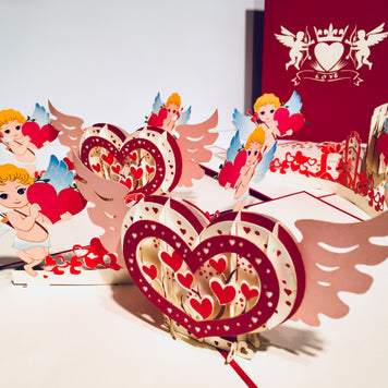 Giant Pop Up Heart with Cupids 3D POP UP GREETING CARD - Created by Origami Pop Cards Australian Design & Handmade 3D Pop Up Magical Paper Cards, Handmade Pop Up Cards Happy Valentine's Day Celebrate Love Heart Fell and Romantic