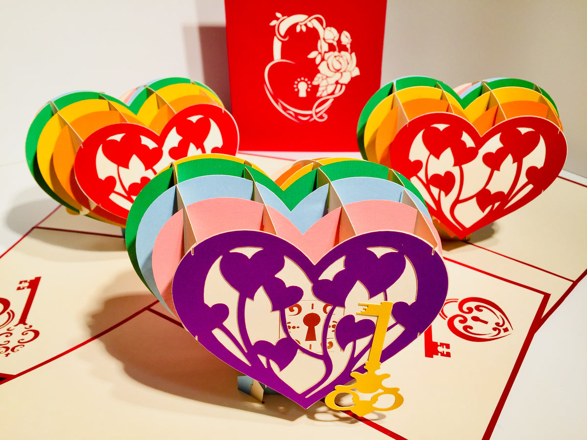 Giant Rainbow Heart & Golden Key 3D POP UP GREETING CARD - Created by Origami Pop Cards Australian Design & Handmade 3D Pop Up Magical Paper Cards, Handmade Pop Up Cards Happy Valentine's Day Celebrate Love Heart Fell and Romantic
