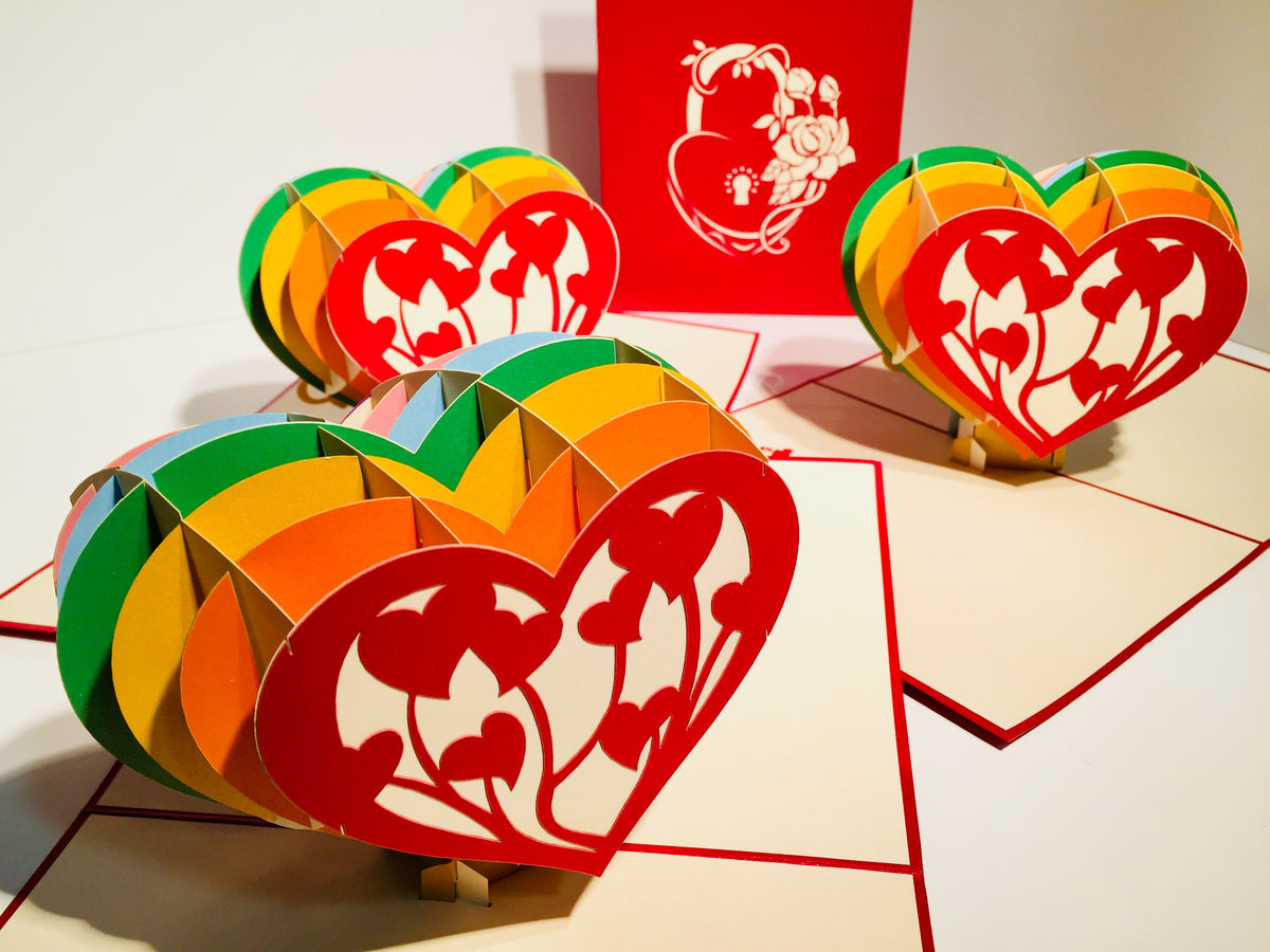 Giant Rainbow Heart & Golden Key 3D POP UP GREETING CARD - Created by Origami Pop Cards Australian Design & Handmade 3D Pop Up Magical Paper Cards, Handmade Pop Up Cards Happy Valentine's Day Celebrate Love Heart Fell and Romantic