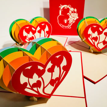 Giant Rainbow Heart & Golden Key 3D POP UP GREETING CARD - Created by Origami Pop Cards Australian Design & Handmade 3D Pop Up Magical Paper Cards, Handmade Pop Up Cards Happy Valentine's Day Celebrate Love Heart Fell and Romantic