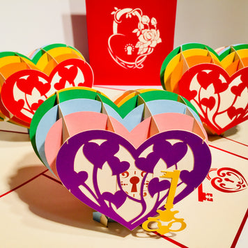Giant Rainbow Heart & Golden Key 3D POP UP GREETING CARD - Created by Origami Pop Cards Australian Design & Handmade 3D Pop Up Magical Paper Cards, Handmade Pop Up Cards Happy Valentine's Day Celebrate Love Heart Fell and Romantic
