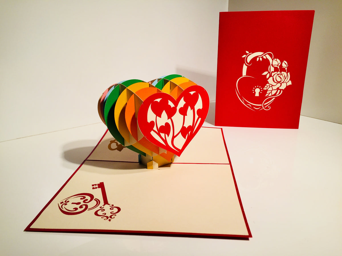 Giant Rainbow Heart & Golden Key 3D POP UP GREETING CARD - Created by Origami Pop Cards Australian Design & Handmade 3D Pop Up Magical Paper Cards, Handmade Pop Up Cards Happy Valentine's Day Celebrate Love Heart Fell and Romantic