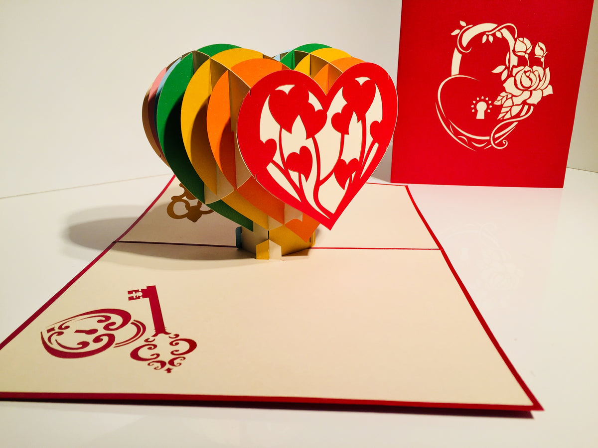 Giant Rainbow Heart & Golden Key 3D POP UP GREETING CARD - Created by Origami Pop Cards Australian Design & Handmade 3D Pop Up Magical Paper Cards, Handmade Pop Up Cards Happy Valentine's Day Celebrate Love Heart Fell and Romantic