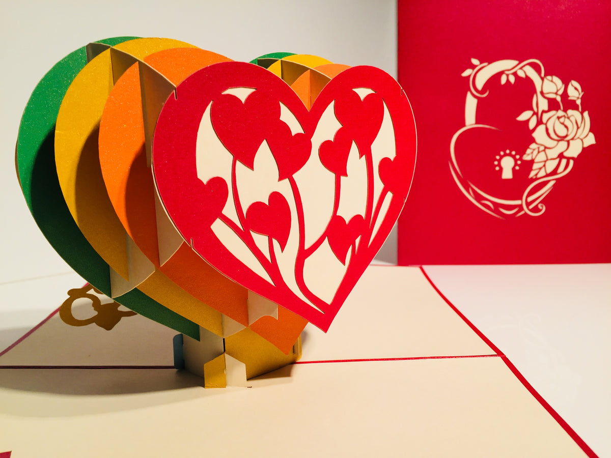 Giant Rainbow Heart & Golden Key 3D POP UP GREETING CARD - Created by Origami Pop Cards Australian Design & Handmade 3D Pop Up Magical Paper Cards, Handmade Pop Up Cards Happy Valentine's Day Celebrate Love Heart Fell and Romantic