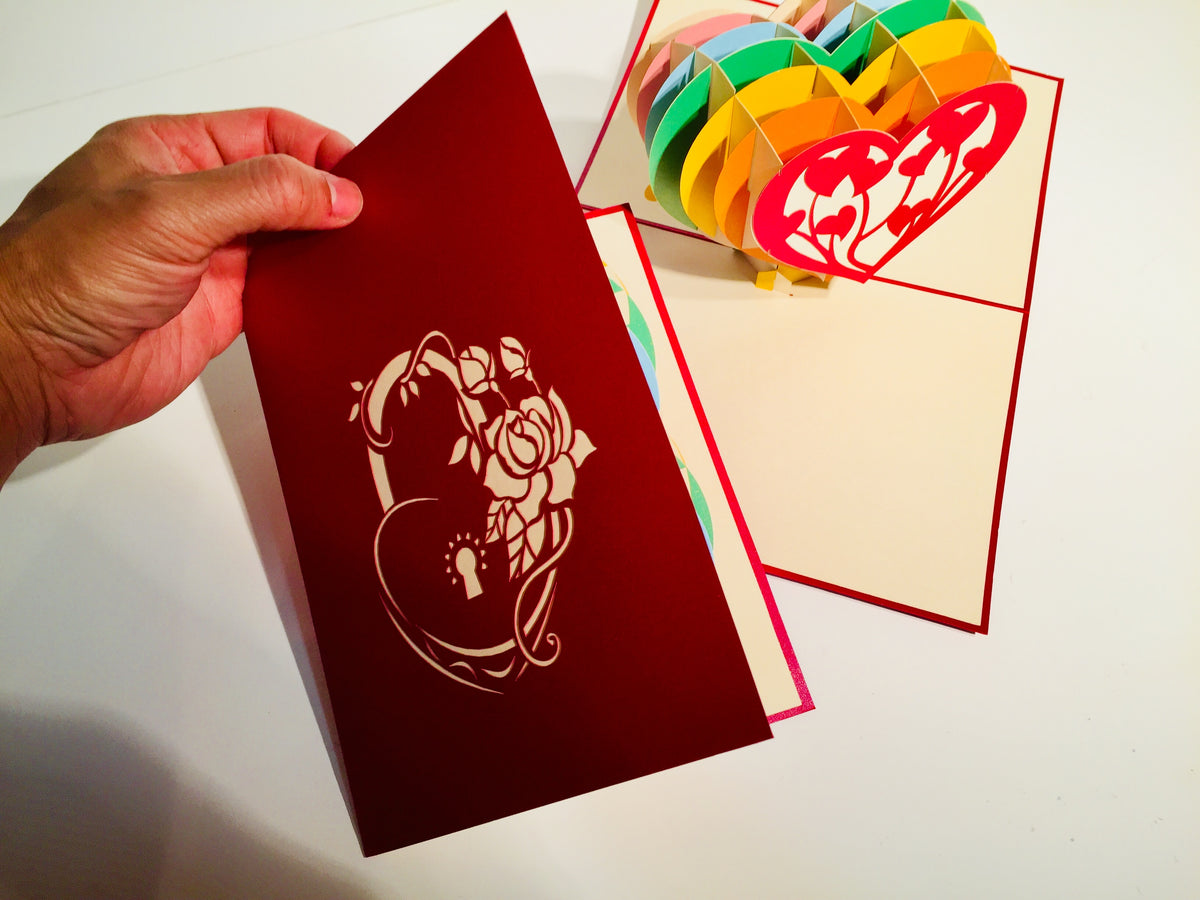 Giant Rainbow Heart & Golden Key 3D POP UP GREETING CARD - Created by Origami Pop Cards Australian Design & Handmade 3D Pop Up Magical Paper Cards, Handmade Pop Up Cards Happy Valentine's Day Celebrate Love Heart Fell and Romantic