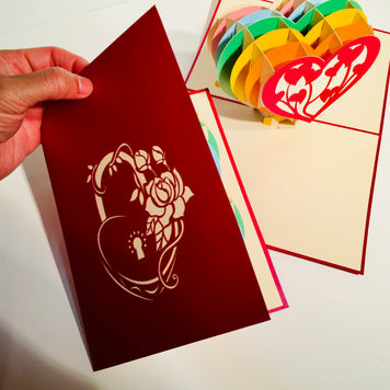 Giant Rainbow Heart & Golden Key 3D POP UP GREETING CARD - Created by Origami Pop Cards Australian Design & Handmade 3D Pop Up Magical Paper Cards, Handmade Pop Up Cards Happy Valentine's Day Celebrate Love Heart Fell and Romantic
