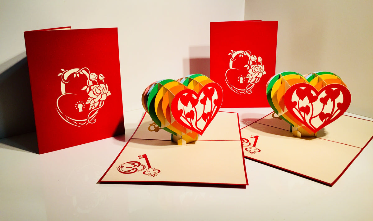 Giant Rainbow Heart & Golden Key 3D POP UP GREETING CARD - Created by Origami Pop Cards Australian Design & Handmade 3D Pop Up Magical Paper Cards, Handmade Pop Up Cards Happy Valentine's Day Celebrate Love Heart Fell and Romantic