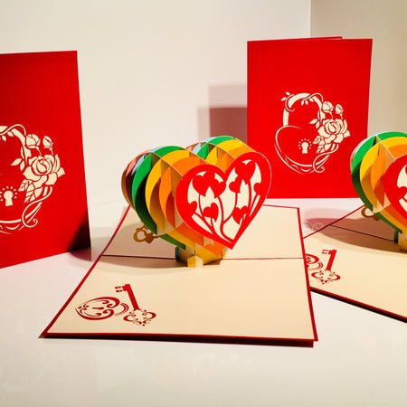 Giant Rainbow Heart & Golden Key 3D POP UP GREETING CARD - Created by Origami Pop Cards Australian Design & Handmade 3D Pop Up Magical Paper Cards, Handmade Pop Up Cards Happy Valentine's Day Celebrate Love Heart Fell and Romantic