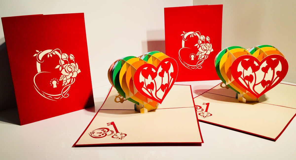Giant Rainbow Heart & Golden Key 3D POP UP GREETING CARD - Created by Origami Pop Cards Australian Design & Handmade 3D Pop Up Magical Paper Cards, Handmade Pop Up Cards Happy Valentine's Day Celebrate Love Heart Fell and Romantic