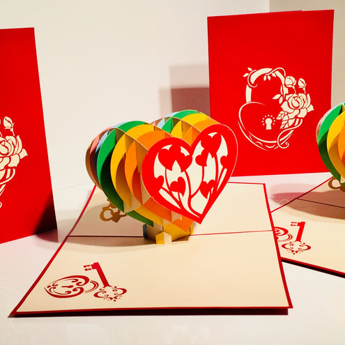 Giant Rainbow Heart & Golden Key 3D POP UP GREETING CARD - Created by Origami Pop Cards Australian Design & Handmade 3D Pop Up Magical Paper Cards, Handmade Pop Up Cards Happy Valentine's Day Celebrate Love Heart Fell and Romantic
