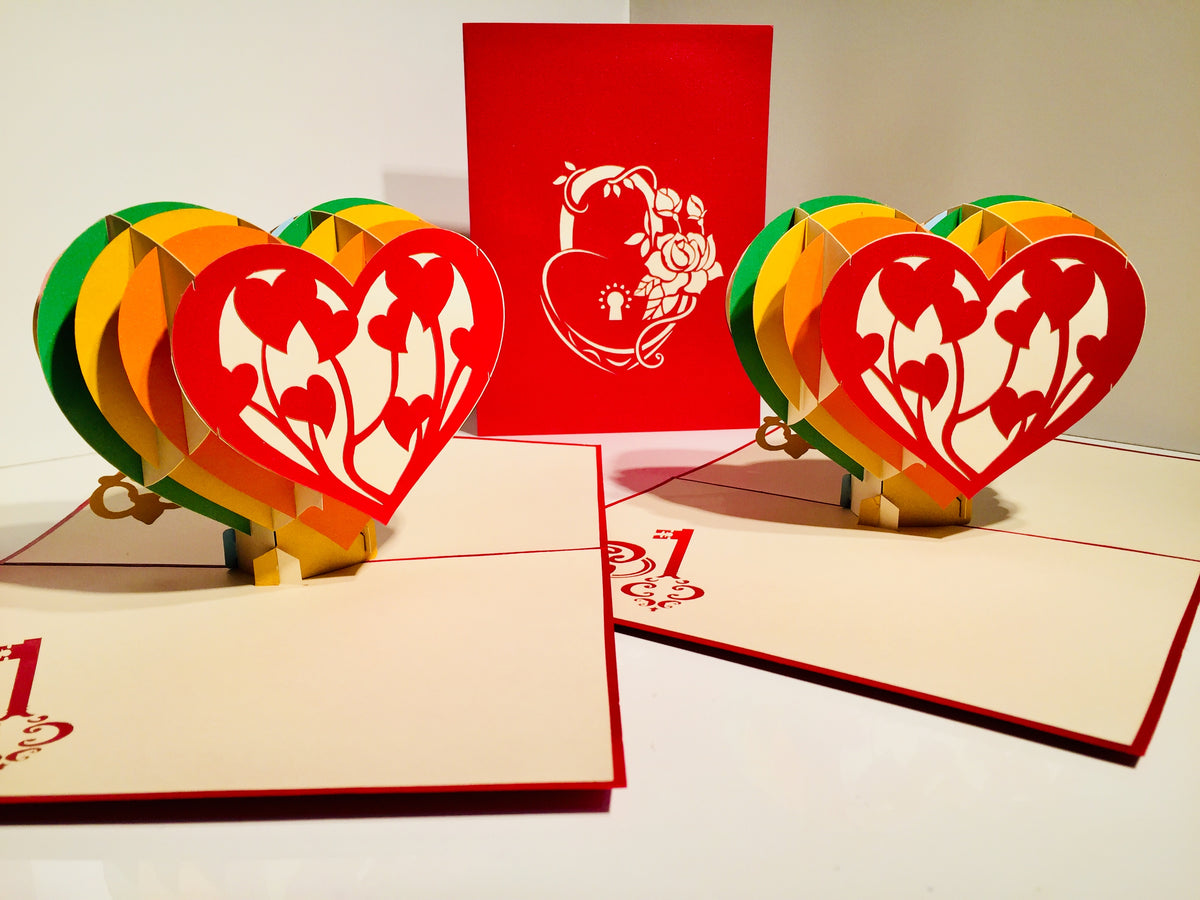 Giant Rainbow Heart & Golden Key 3D POP UP GREETING CARD - Created by Origami Pop Cards Australian Design & Handmade 3D Pop Up Magical Paper Cards, Handmade Pop Up Cards Happy Valentine's Day Celebrate Love Heart Fell and Romantic
