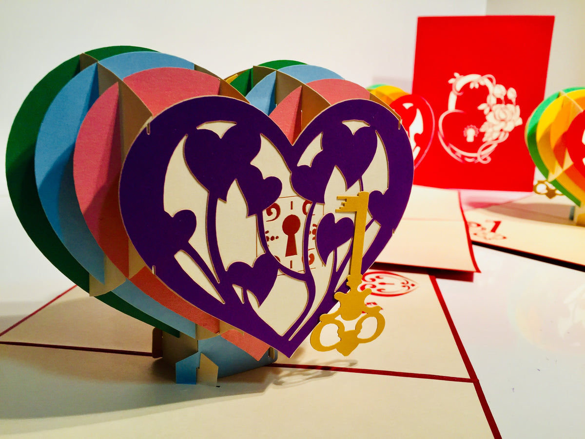 Giant Rainbow Heart & Golden Key 3D POP UP GREETING CARD - Created by Origami Pop Cards Australian Design & Handmade 3D Pop Up Magical Paper Cards, Handmade Pop Up Cards Happy Valentine's Day Celebrate Love Heart Fell and Romantic