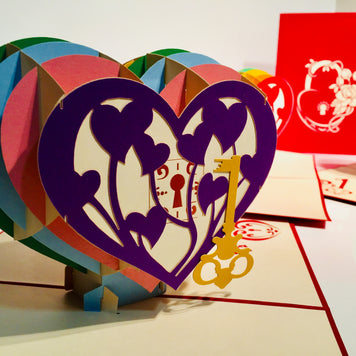 Giant Rainbow Heart & Golden Key 3D POP UP GREETING CARD - Created by Origami Pop Cards Australian Design & Handmade 3D Pop Up Magical Paper Cards, Handmade Pop Up Cards Happy Valentine's Day Celebrate Love Heart Fell and Romantic