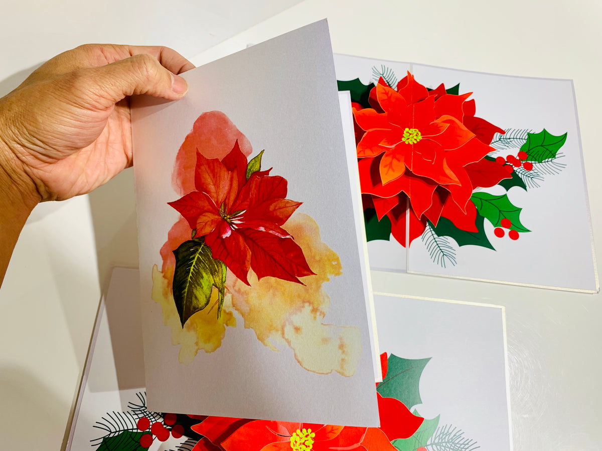 Christmas Poinsettia Flower Basket Origami Pop Cards 3D Pop Up Greeting Card Merry Christmas Thank You Handmade Best Wishes Blank Card Gift Happy Holidays Celebrate the Special Day Moment with Family and Friends