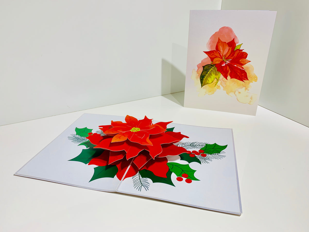 Christmas Poinsettia Flower Basket Origami Pop Cards 3D Pop Up Greeting Card Merry Christmas Thank You Handmade Best Wishes Blank Card Gift Happy Holidays Celebrate the Special Day Moment with Family and Friends