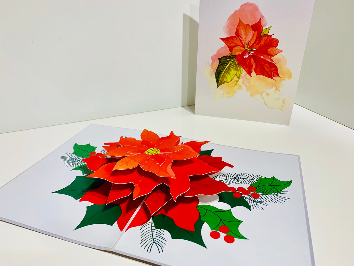 Christmas Poinsettia Flower Basket Origami Pop Cards 3D Pop Up Greeting Card Merry Christmas Thank You Handmade Best Wishes Blank Card Gift Happy Holidays Celebrate the Special Day Moment with Family and Friends