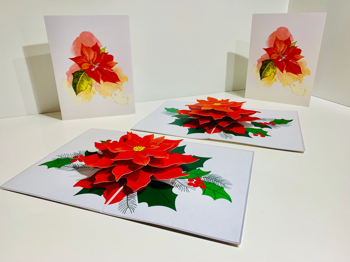 Christmas Poinsettia Flower Basket Origami Pop Cards 3D Pop Up Greeting Card Merry Christmas Thank You Handmade Best Wishes Blank Card Gift Happy Holidays Celebrate the Special Day Moment with Family and Friends
