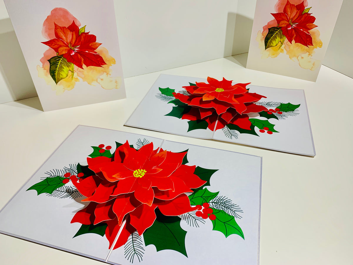 Christmas Poinsettia Flower Basket Origami Pop Cards 3D Pop Up Greeting Card Merry Christmas Thank You Handmade Best Wishes Blank Card Gift Happy Holidays Celebrate the Special Day Moment with Family and Friends