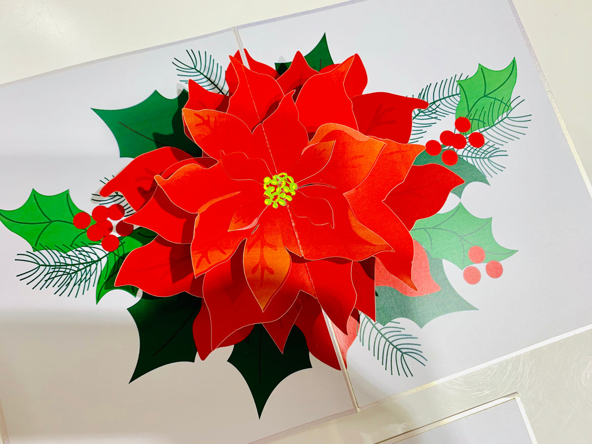 Christmas Poinsettia Flower Basket Origami Pop Cards 3D Pop Up Greeting Card Merry Christmas Thank You Handmade Best Wishes Blank Card Gift Happy Holidays Celebrate the Special Day Moment with Family and Friends