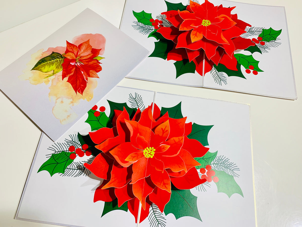 Christmas Poinsettia Flower Basket Origami Pop Cards 3D Pop Up Greeting Card Merry Christmas Thank You Handmade Best Wishes Blank Card Gift Happy Holidays Celebrate the Special Day Moment with Family and Friends