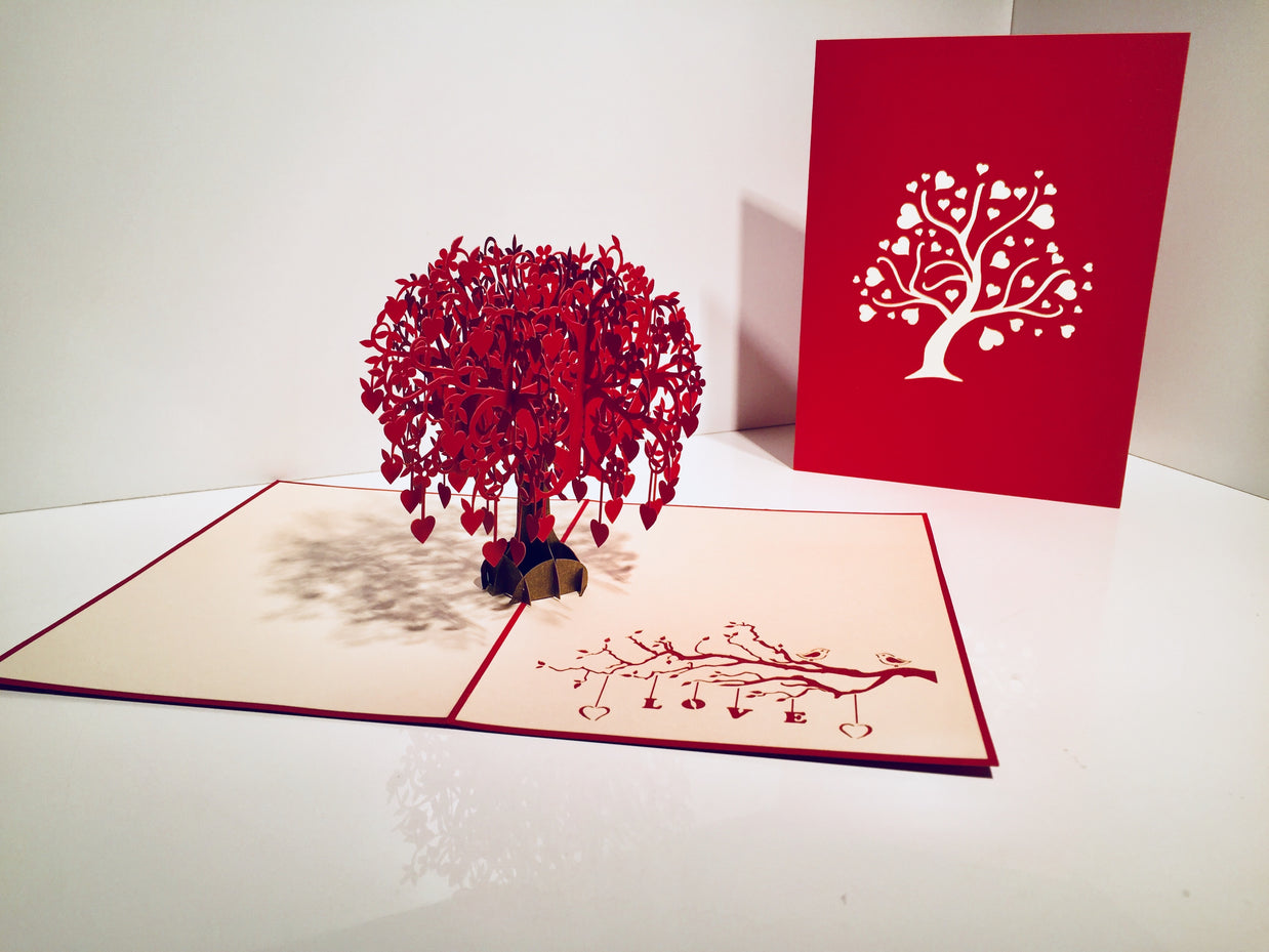 Giant Red Tree of Love Hearts 3D POP UP GREETING CARD - Created by Origami Pop Cards Australian Design & Handmade 3D Pop Up Magical Paper Cards, Handmade Pop Up Cards Happy Valentine's Day Celebrate Love Heart Fell and Romantic
