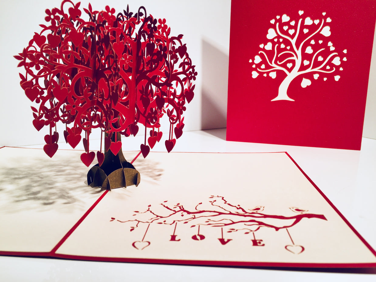 Giant Red Tree of Love Hearts 3D POP UP GREETING CARD - Created by Origami Pop Cards Australian Design & Handmade 3D Pop Up Magical Paper Cards, Handmade Pop Up Cards Happy Valentine's Day Celebrate Love Heart Fell and Romantic