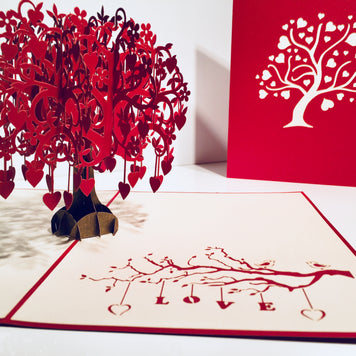 Giant Red Tree of Love Hearts 3D POP UP GREETING CARD - Created by Origami Pop Cards Australian Design & Handmade 3D Pop Up Magical Paper Cards, Handmade Pop Up Cards Happy Valentine's Day Celebrate Love Heart Fell and Romantic