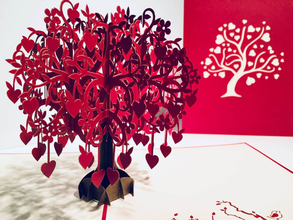 Giant Red Tree of Love Hearts 3D POP UP GREETING CARD - Created by Origami Pop Cards Australian Design & Handmade 3D Pop Up Magical Paper Cards, Handmade Pop Up Cards Happy Valentine's Day Celebrate Love Heart Fell and Romantic