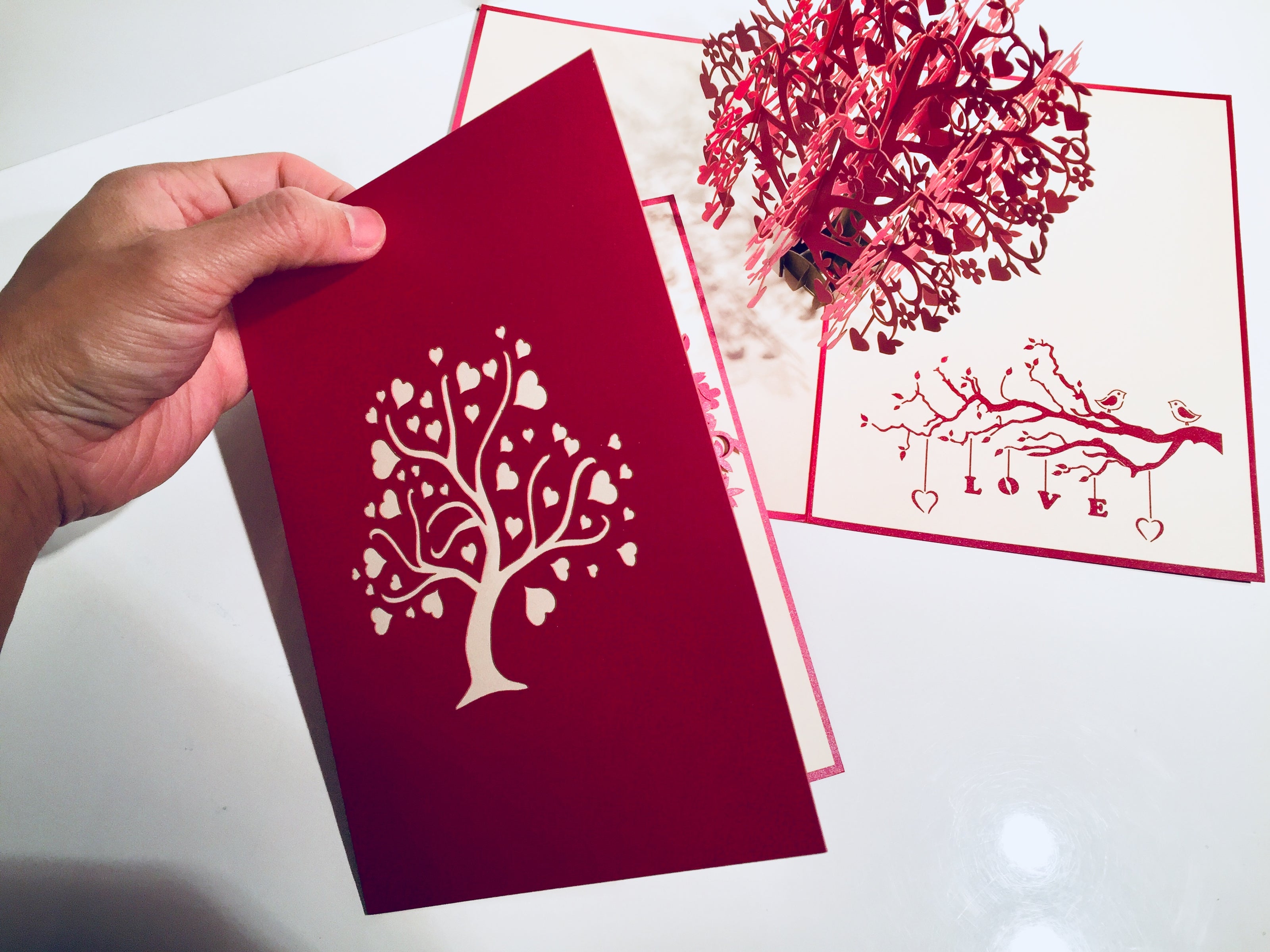 Giant Red Tree of Love Hearts 3D POP UP GREETING CARD - Created by Origami Pop Cards Australian Design & Handmade 3D Pop Up Magical Paper Cards, Handmade Pop Up Cards Happy Valentine's Day Celebrate Love Heart Fell and Romantic