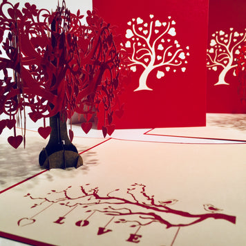 Giant Red Tree of Love Hearts 3D POP UP GREETING CARD - Created by Origami Pop Cards Australian Design & Handmade 3D Pop Up Magical Paper Cards, Handmade Pop Up Cards Happy Valentine's Day Celebrate Love Heart Fell and Romantic
