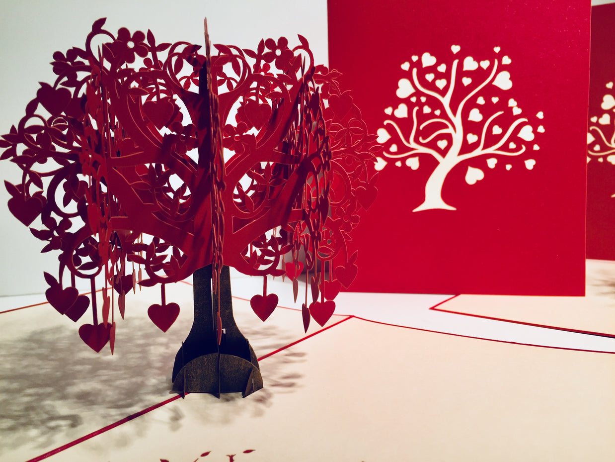 Giant Red Tree of Love Hearts 3D POP UP GREETING CARD - Created by Origami Pop Cards Australian Design & Handmade 3D Pop Up Magical Paper Cards, Handmade Pop Up Cards Happy Valentine's Day Celebrate Love Heart Fell and Romantic