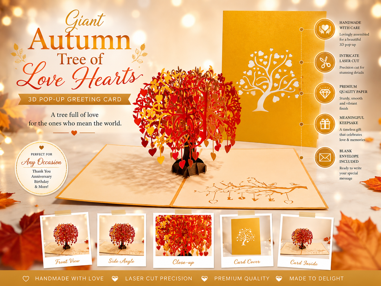 Giant Autumn Tree of Love Hearts 3D POP UP GREETING CARD - Created by Origami Pop Cards Australian Design & Handmade 3D Pop Up Magical Paper Cards, Handmade Pop Up Cards Happy Valentine's Day Celebrate Love Heart Fell and Romantic