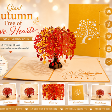 Giant Autumn Tree of Love Hearts 3D POP UP GREETING CARD - Created by Origami Pop Cards Australian Design & Handmade 3D Pop Up Magical Paper Cards, Handmade Pop Up Cards Happy Valentine's Day Celebrate Love Heart Fell and Romantic