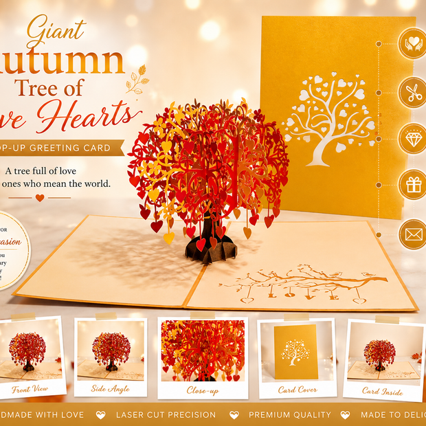 Giant Autumn Tree of Love Hearts 3D POP UP GREETING CARD - Created by Origami Pop Cards Australian Design & Handmade 3D Pop Up Magical Paper Cards, Handmade Pop Up Cards Happy Valentine's Day Celebrate Love Heart Fell and Romantic