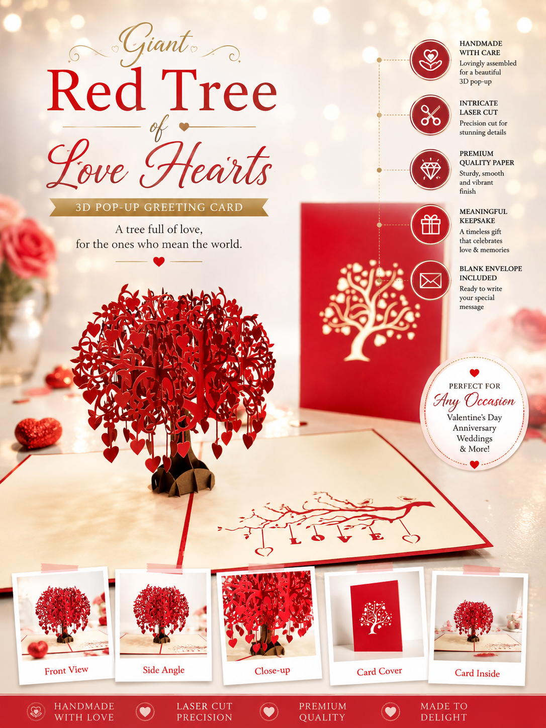Giant Red Tree of Love Hearts 3D POP UP GREETING CARD - Created by Origami Pop Cards Australian Design & Handmade 3D Pop Up Magical Paper Cards, Handmade Pop Up Cards Happy Valentine's Day Celebrate Love Heart Fell and Romantic