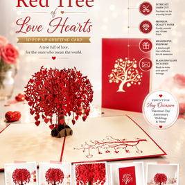 Giant Red Tree of Love Hearts 3D POP UP GREETING CARD - Created by Origami Pop Cards Australian Design & Handmade 3D Pop Up Magical Paper Cards, Handmade Pop Up Cards Happy Valentine's Day Celebrate Love Heart Fell and Romantic