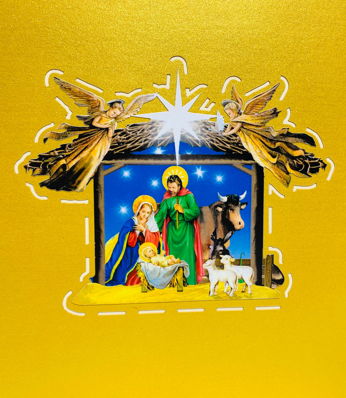 Gold Christmas Nativity A Holy Family Suede Reflections House Origami Pop Cards 3D Pop Up Greeting Card Merry Christmas Thank You Handmade Best Wishes Blank Card Gift Happy Holidays Celebrate the Special Day