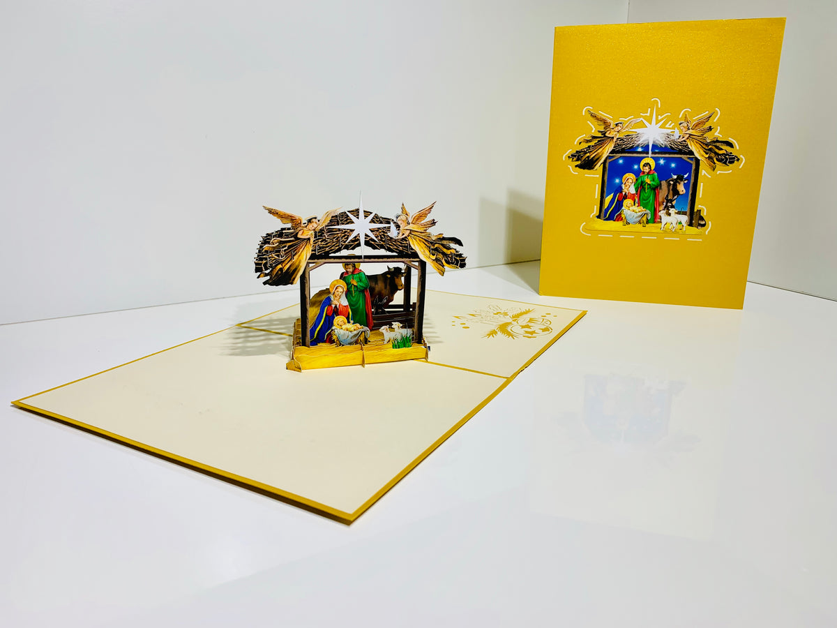 Gold Christmas Nativity A Holy Family Suede Reflections House Origami Pop Cards 3D Pop Up Greeting Card Merry Christmas Thank You Handmade Best Wishes Blank Card Gift Happy Holidays Celebrate the Special Day
