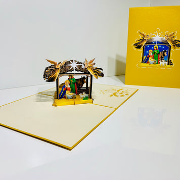 Gold Christmas Nativity A Holy Family Suede Reflections House Origami Pop Cards 3D Pop Up Greeting Card Merry Christmas Thank You Handmade Best Wishes Blank Card Gift Happy Holidays Celebrate the Special Day