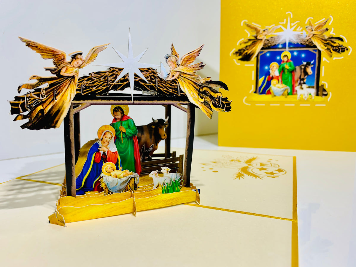 Gold Christmas Nativity A Holy Family Suede Reflections House Origami Pop Cards 3D Pop Up Greeting Card Merry Christmas Thank You Handmade Best Wishes Blank Card Gift Happy Holidays Celebrate the Special Day