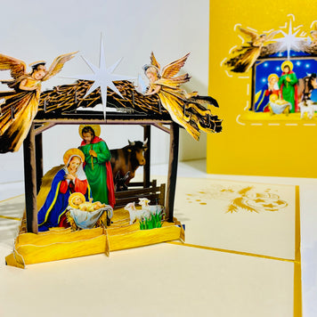 Gold Christmas Nativity A Holy Family Suede Reflections House Origami Pop Cards 3D Pop Up Greeting Card Merry Christmas Thank You Handmade Best Wishes Blank Card Gift Happy Holidays Celebrate the Special Day
