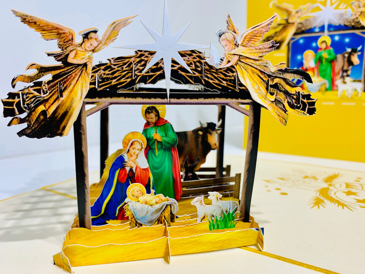 Gold Christmas Nativity A Holy Family Suede Reflections House Origami Pop Cards 3D Pop Up Greeting Card Merry Christmas Thank You Handmade Best Wishes Blank Card Gift Happy Holidays Celebrate the Special Day